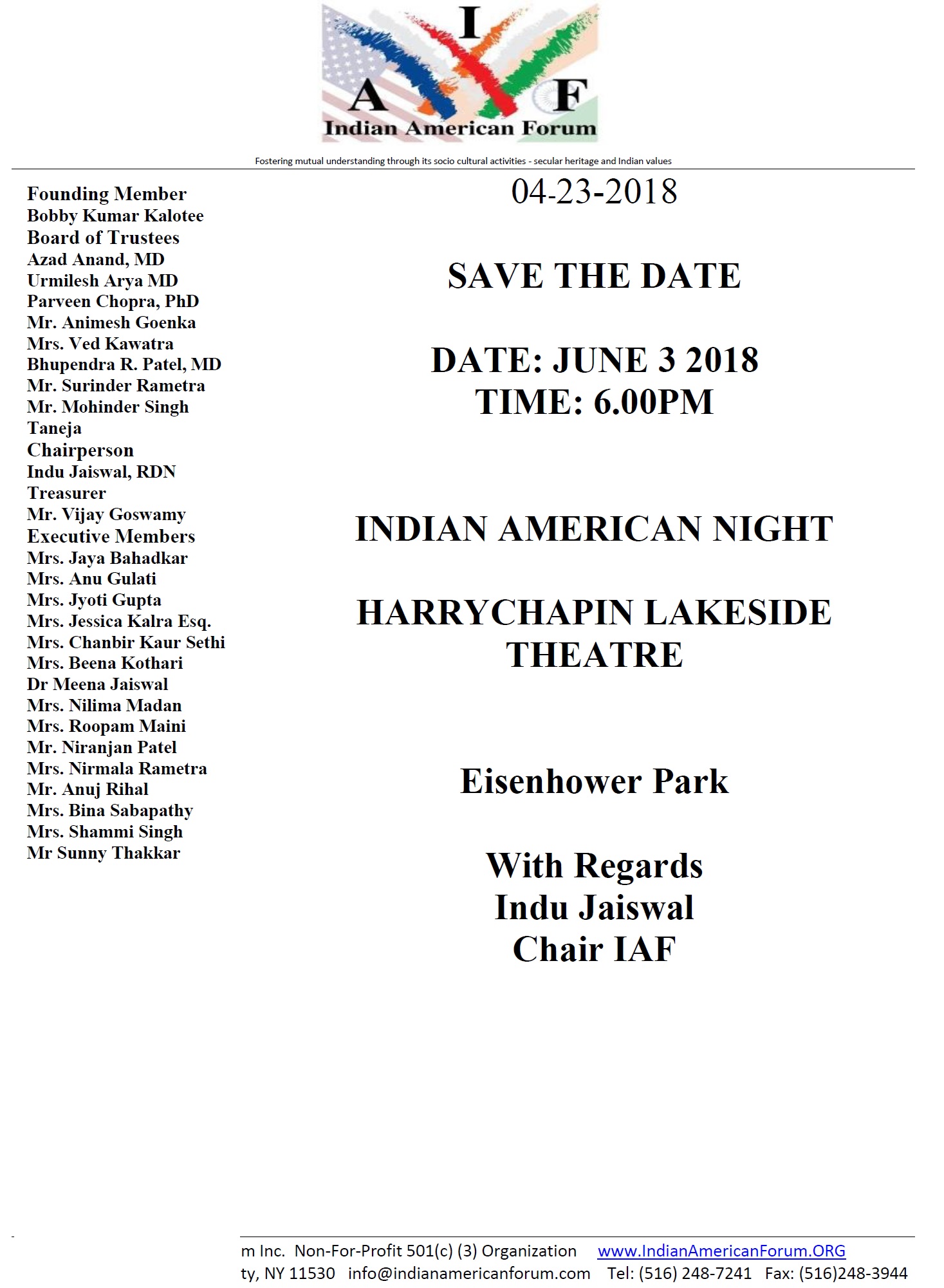 Indian American Night- June 3rd, 2018 @ HARRYCHAPIN LAKESIDE THEATRE, Eisenhower Park | Westbury | New York | United States
