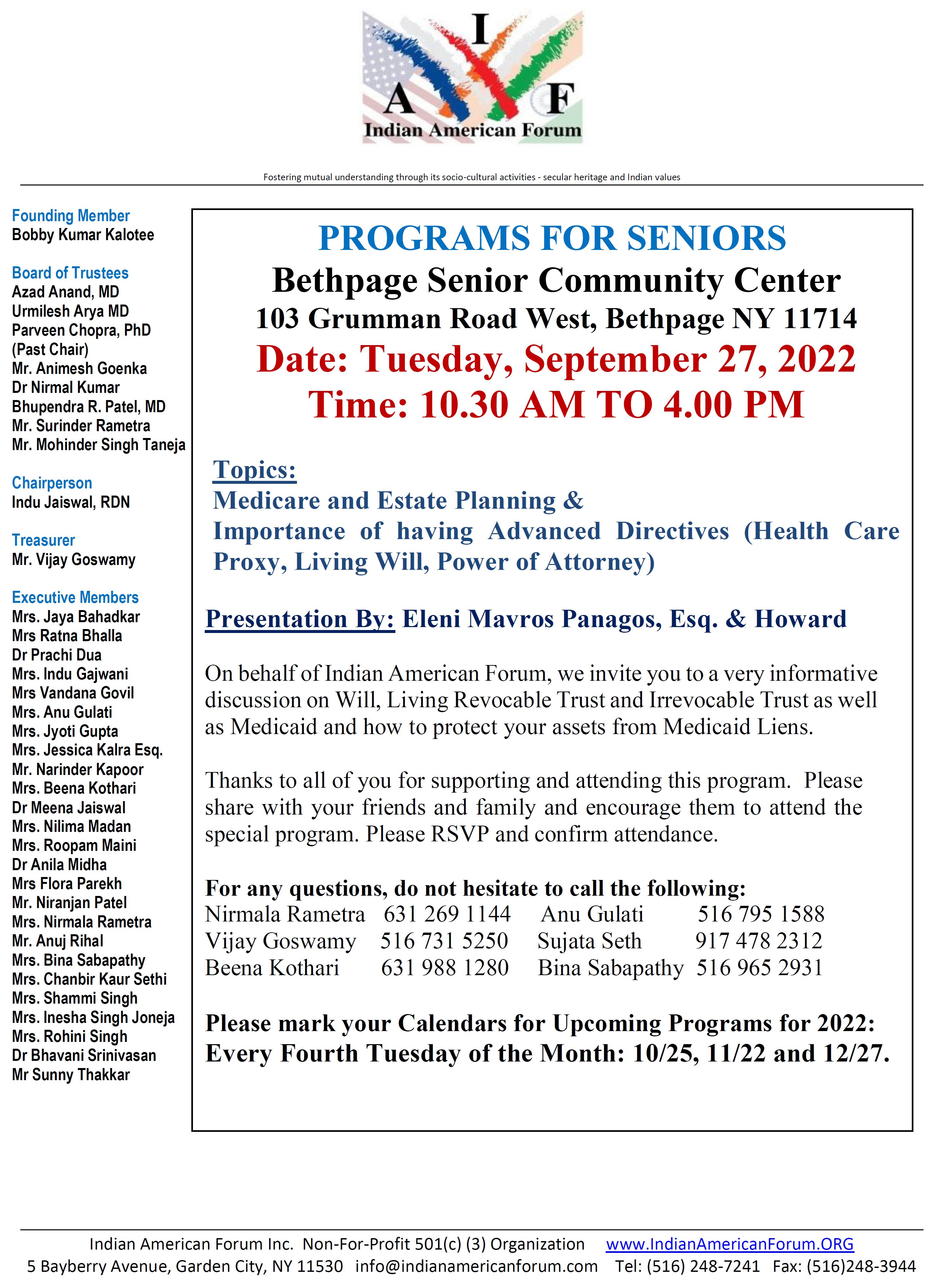 Senior Program - September 27, 2022 @ Bethpage Senior Community Center | Bethpage | New York | United States
