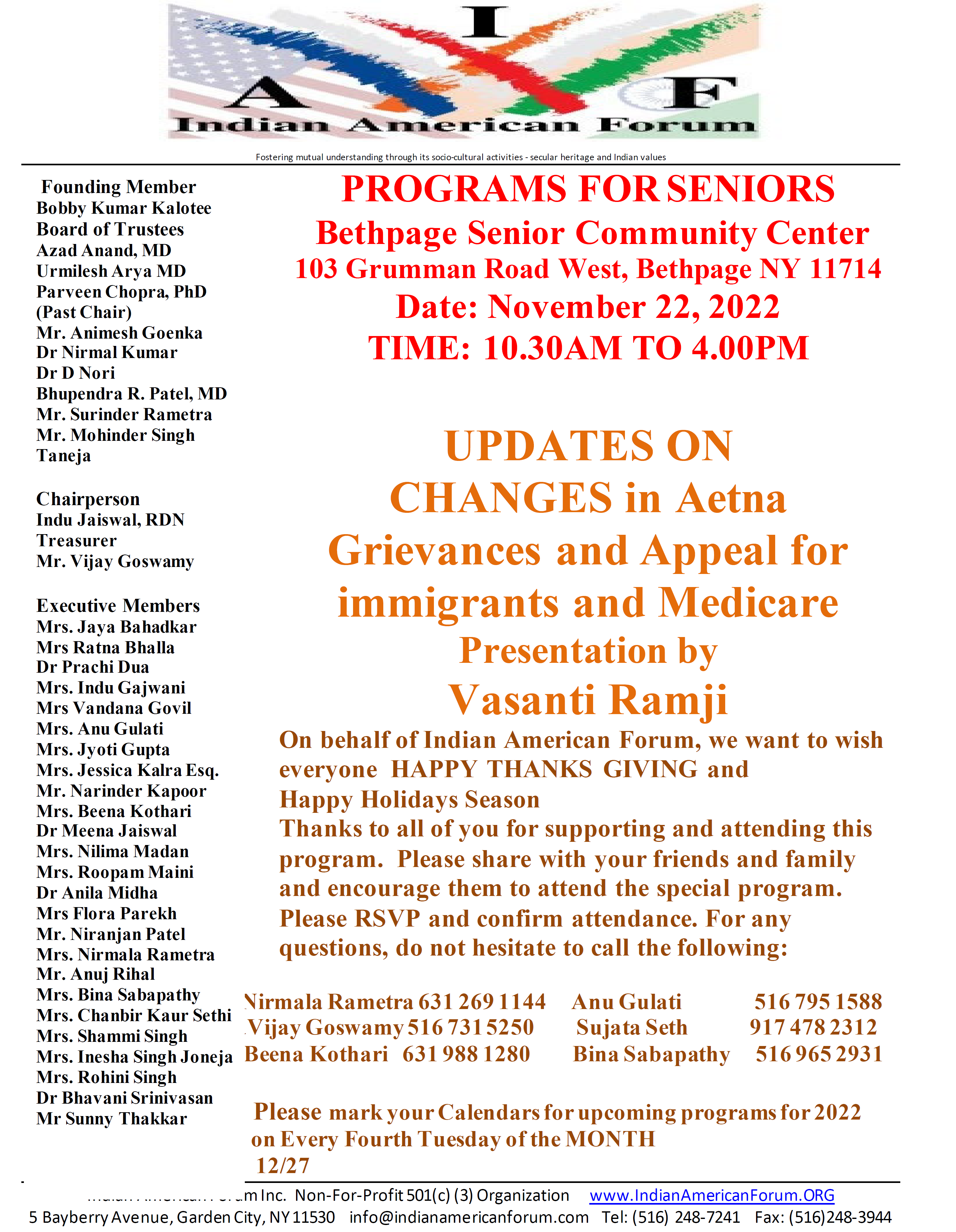 Seniors Forum, November 22, 2022 -10:30AM-4PM @ Bethpage Senior Community Center | Bethpage | New York | United States